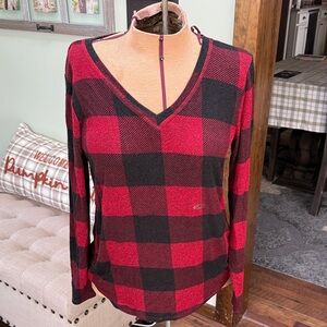 Maurices Women's V-Neck Buffalo Plaid Blouse - Red and Black